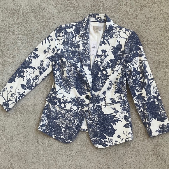 Ann Taylor Loft Blazer: Cream with/ Denim Blue Floral Print. NWT - Size 2 - Picture 1 of 12